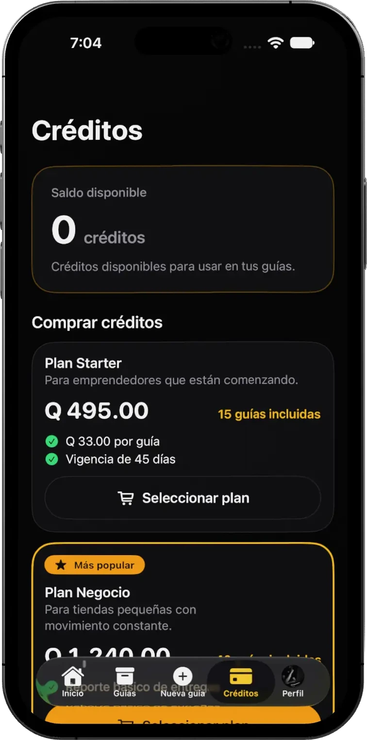 Pantalla de créditos de envío en la app con el saldo disponible y los planes a la venta