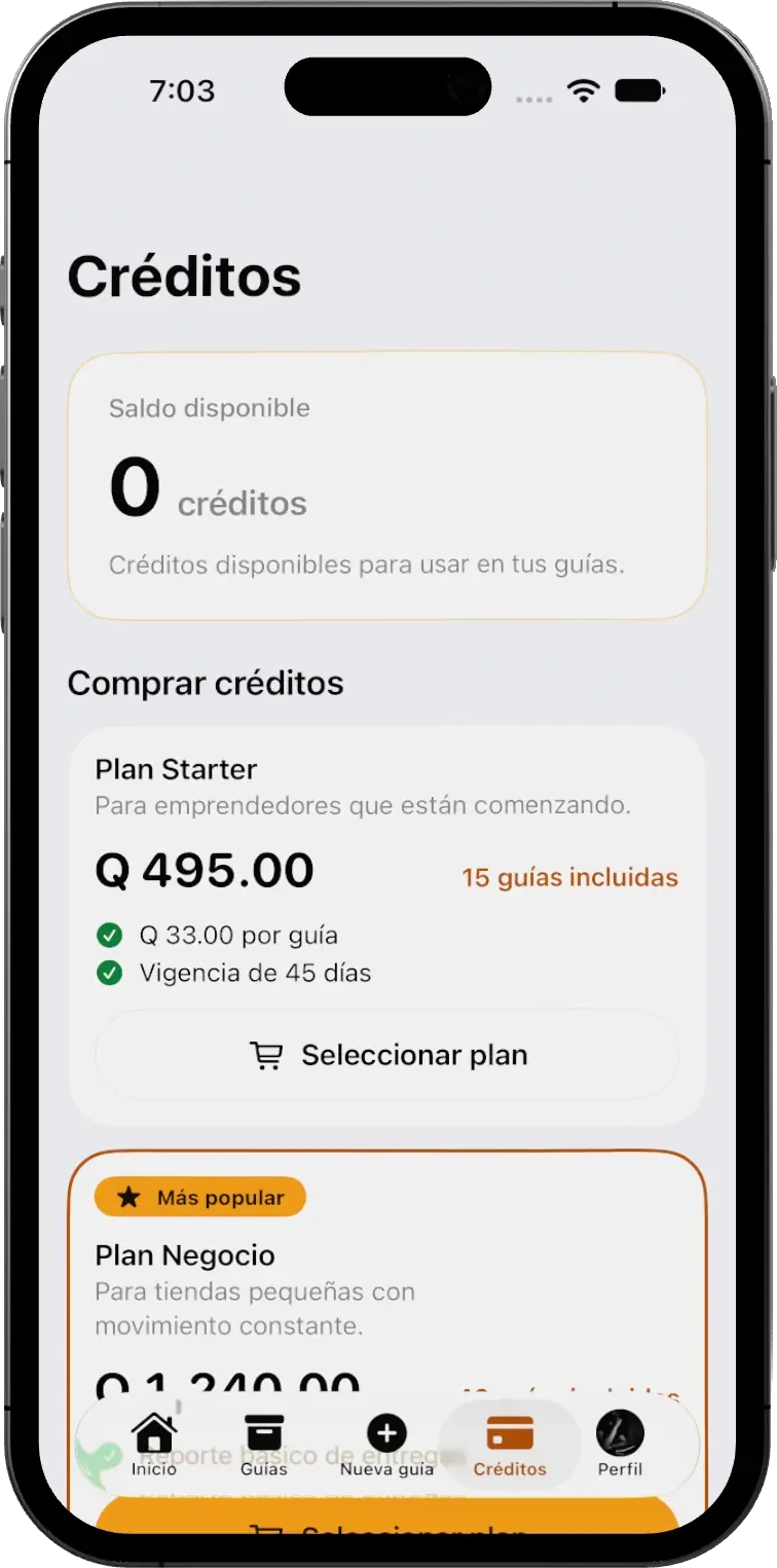 Pantalla de créditos de envío en la app con el saldo disponible y los planes a la venta