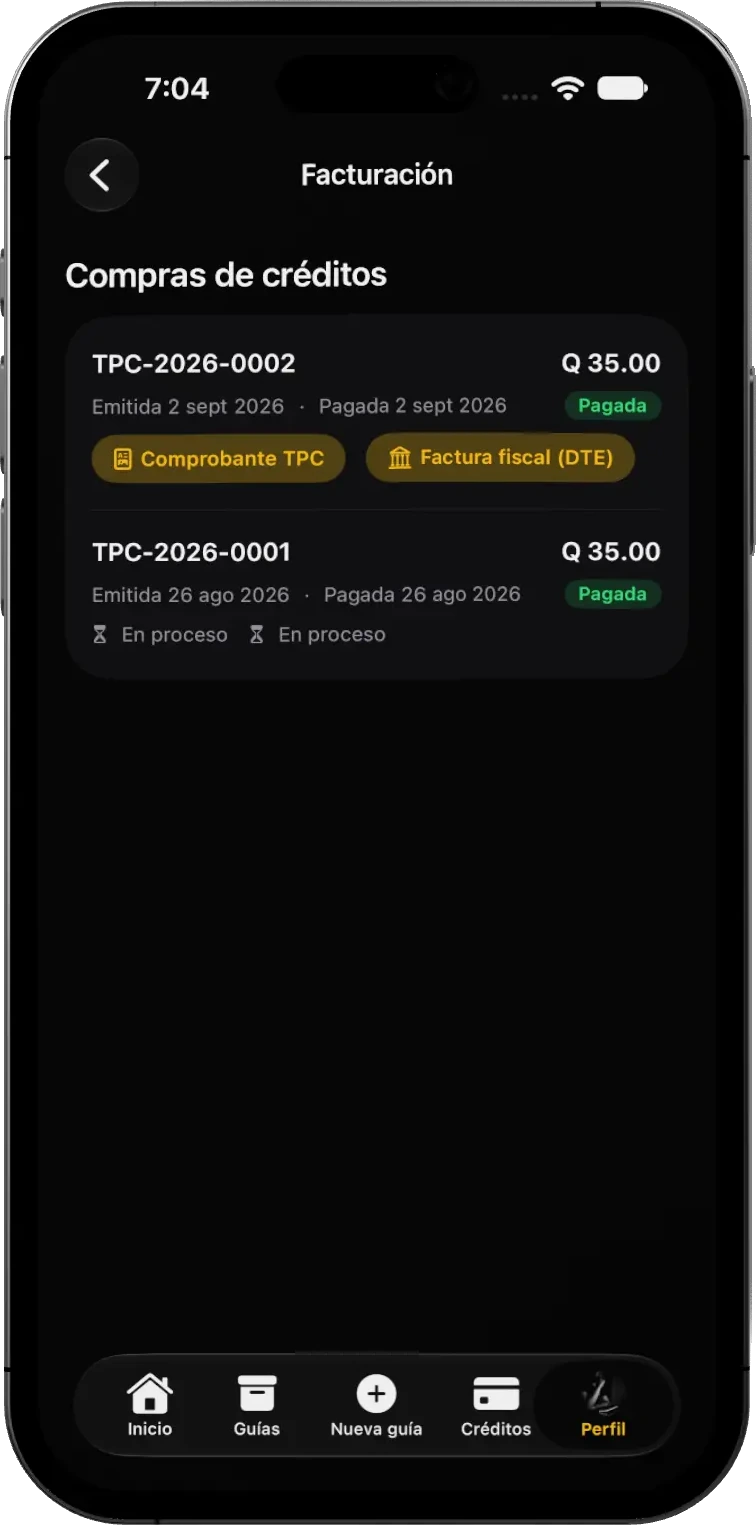 Listado de compras de créditos en la app con su comprobante y factura fiscal