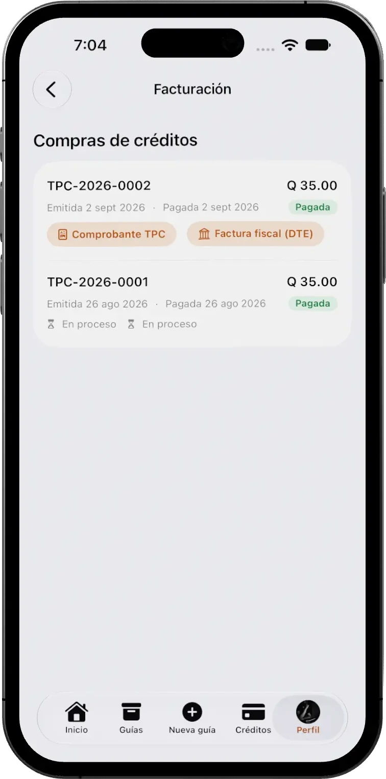 Listado de compras de créditos en la app con su comprobante y factura fiscal