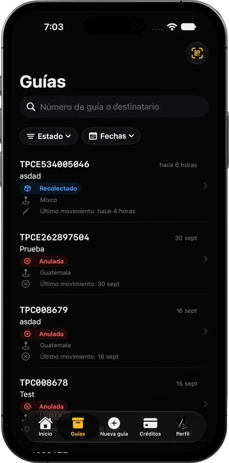 Listado de guías en la app TPC Xpress Portal con buscador, filtros y estado de cada envío