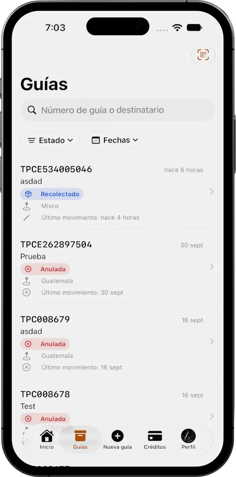 Listado de guías en la app TPC Xpress Portal con buscador, filtros y estado de cada envío