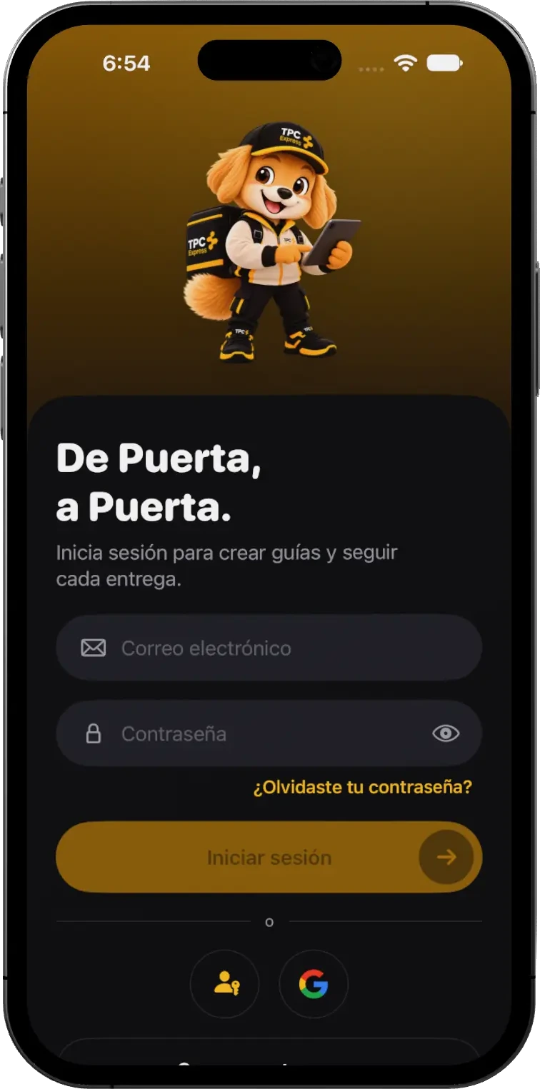 Pantalla de inicio de sesión de la app TPC Xpress Portal con TPCITO, correo, contraseña y acceso con Google