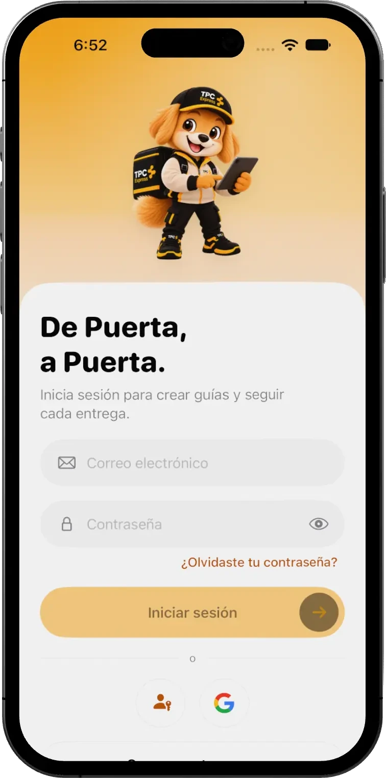 Pantalla de inicio de sesión de la app TPC Xpress Portal con TPCITO, correo, contraseña y acceso con Google