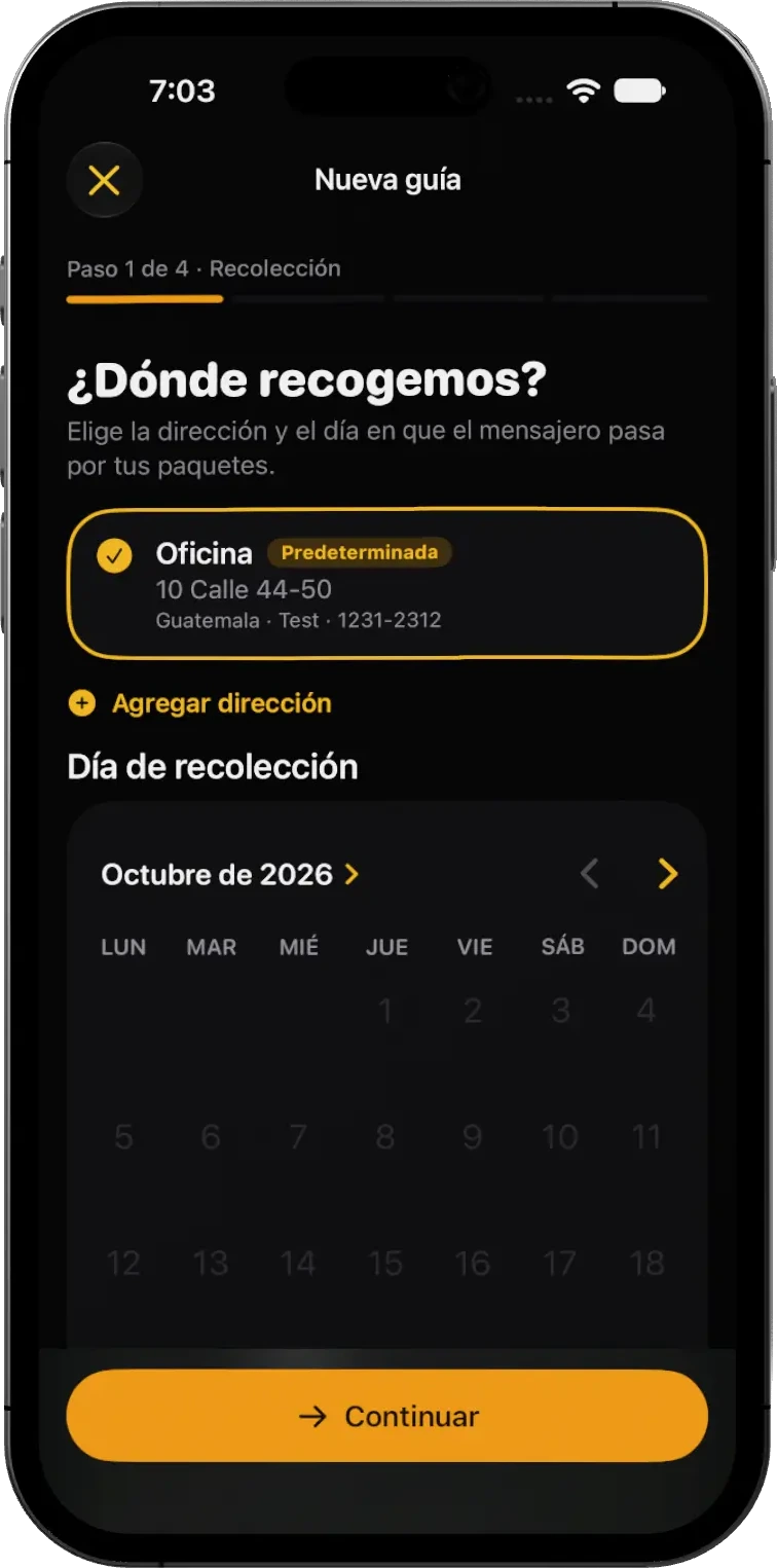 Formulario para crear una nueva guía de envío en la app, eligiendo dirección y día de recolección