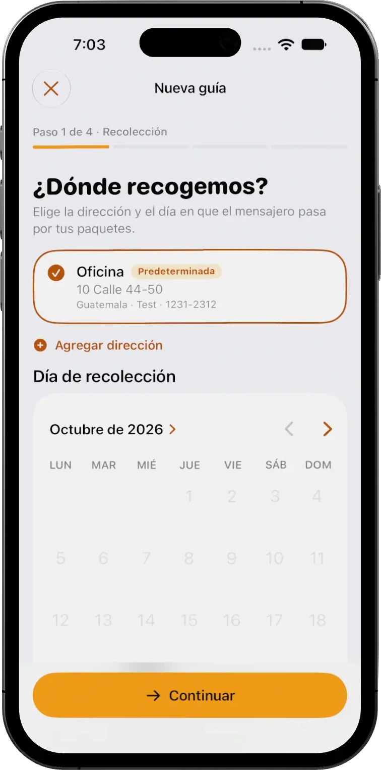 Formulario para crear una nueva guía de envío en la app, eligiendo dirección y día de recolección