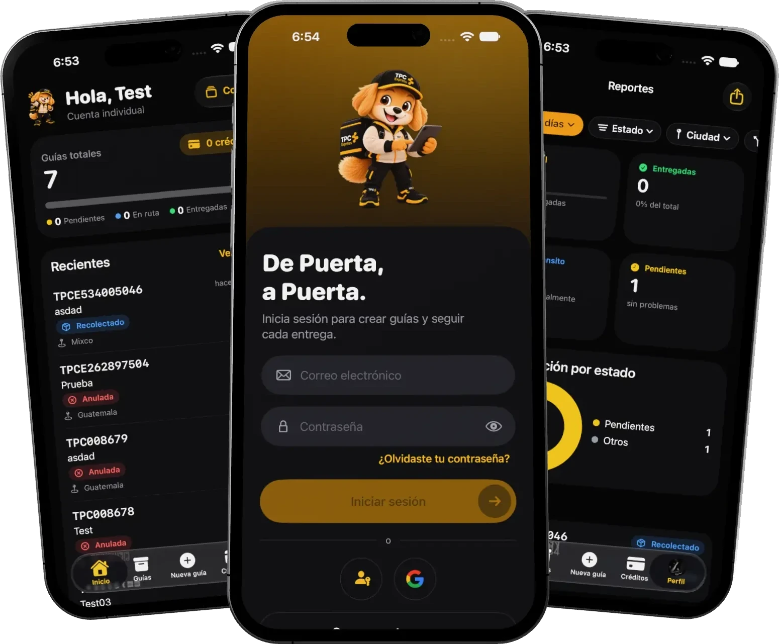 App de TPC Express en tres teléfonos: inicio de sesión, inicio con guías recientes y reportes