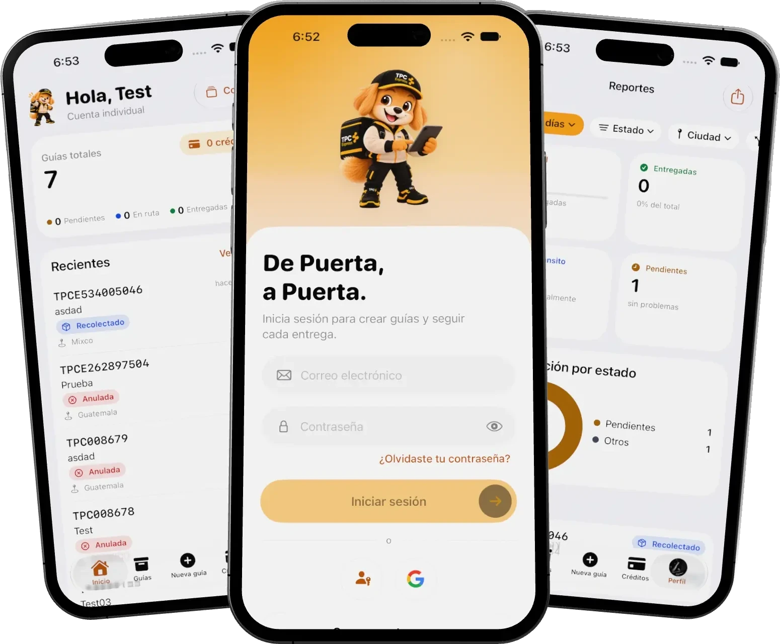 App de TPC Express en tres teléfonos: inicio de sesión, inicio con guías recientes y reportes