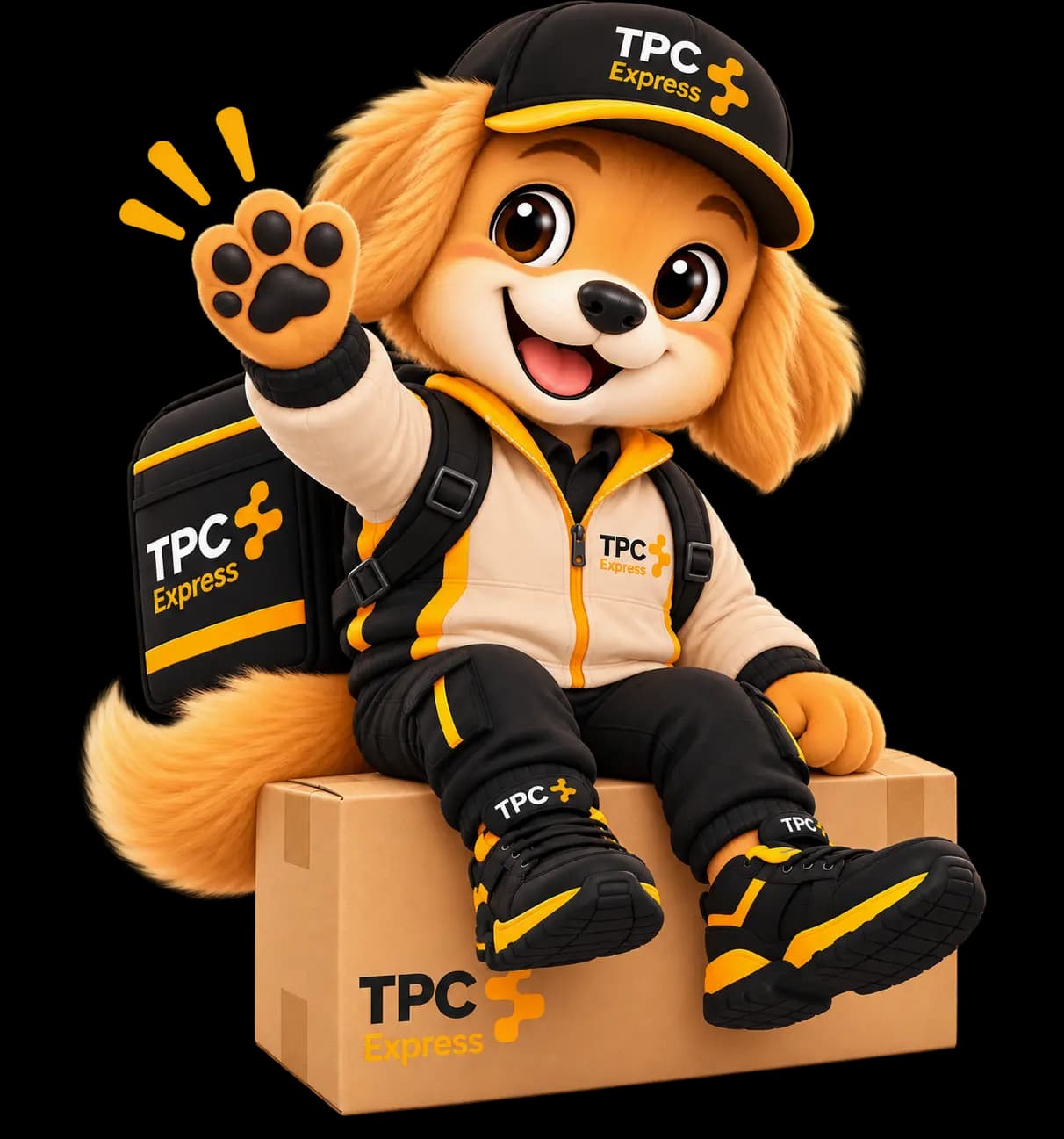 TPCITO, la mascota de TPC Express, sentado sobre una caja y saludando con la pata