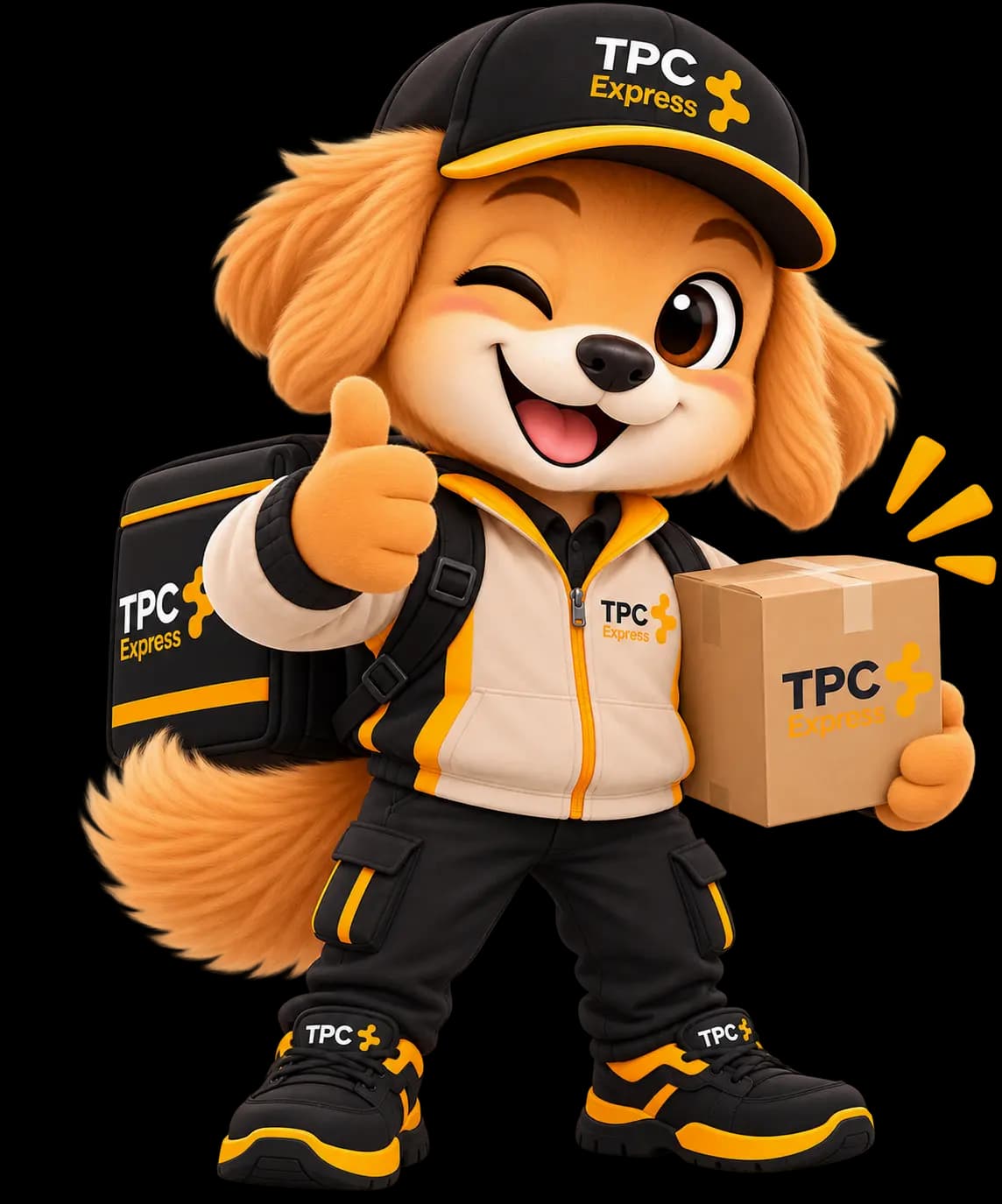 TPCITO guiñando un ojo con un paquete de TPC Express en la mano
